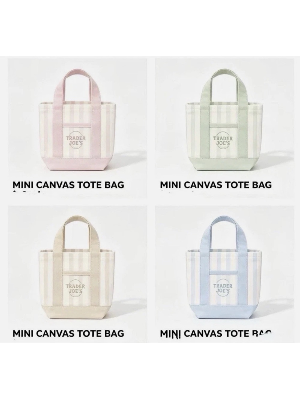 NWT 4 Trader Joe 2026 release Pastel Stripe mini Canvas totes. New season colors